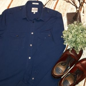 Express Navy Blue, 15-15 1/2 M Fitted Dress Shirt